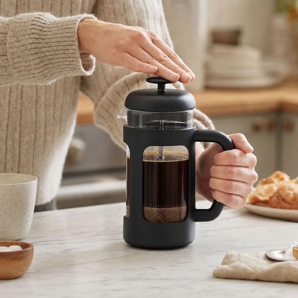 Prensa Francesa de Vidro Bruma sendo pressionada para café